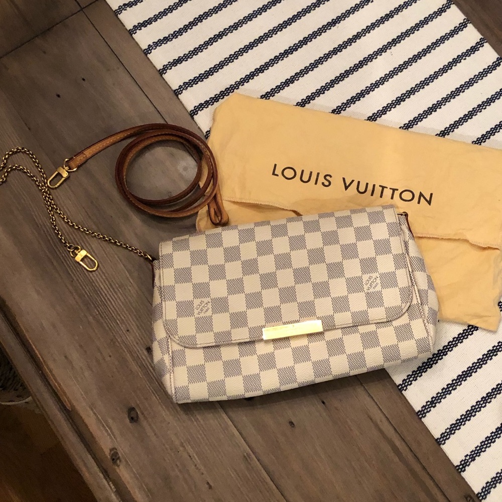 Louis Vuitton Favorite Damier Azur Crossbody Bag with Brown Strap and Gold Chain
